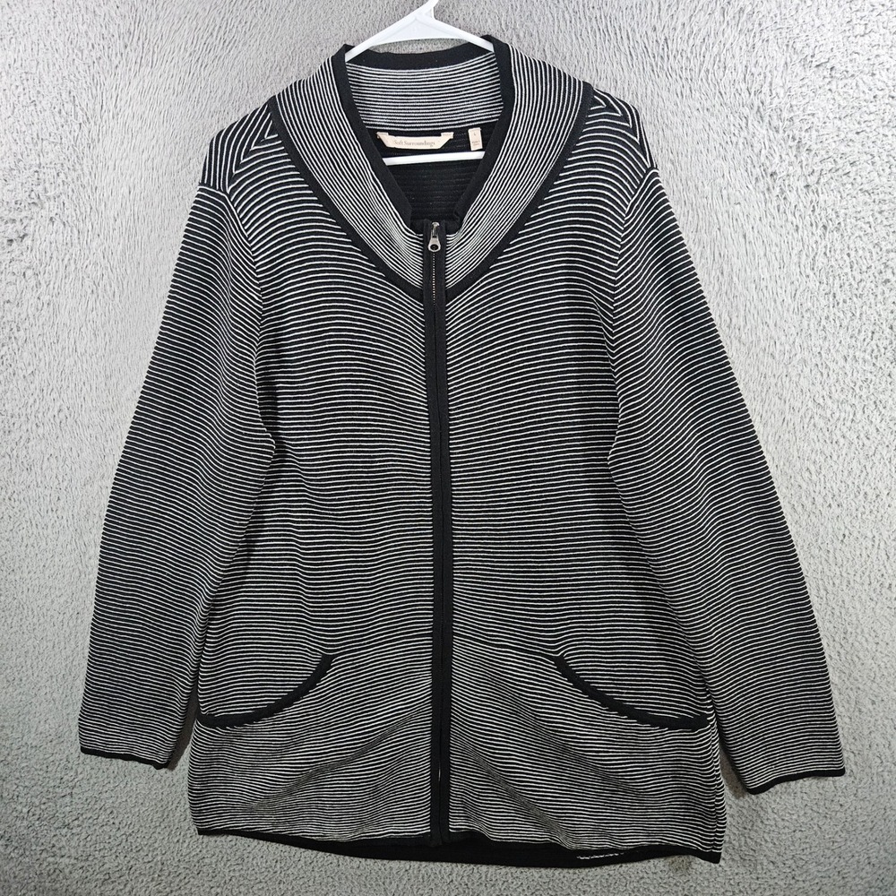 Soft Surroundings Black White Striped Zip Front Cardigan Sweater Womens L